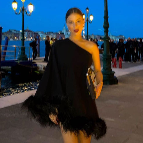 One Shoulder Fur Hem Cape Dress - ROUTINE FASHION
